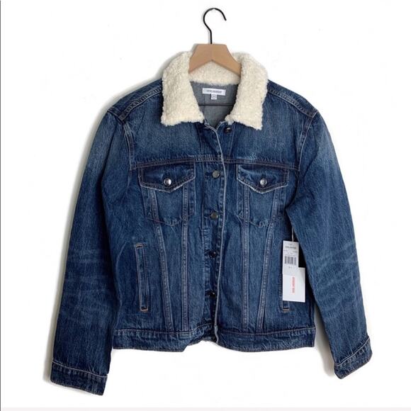 Good American Sherpa Collar Boyfriend Denim Jacket NEW - Picture 2 of 9